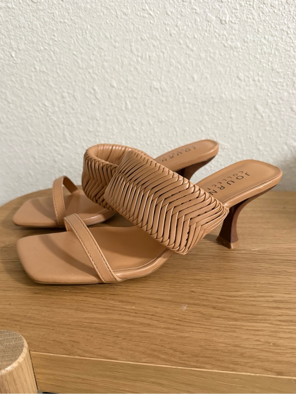Journee Collection Tan Woven Strap Mid-Heel Mules